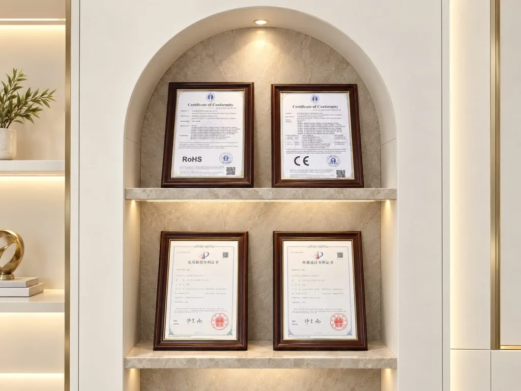 Four framed documents on an arched showroom display shelf.