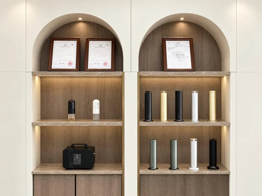Framed documents above scent diffusers in two arched display shelves.