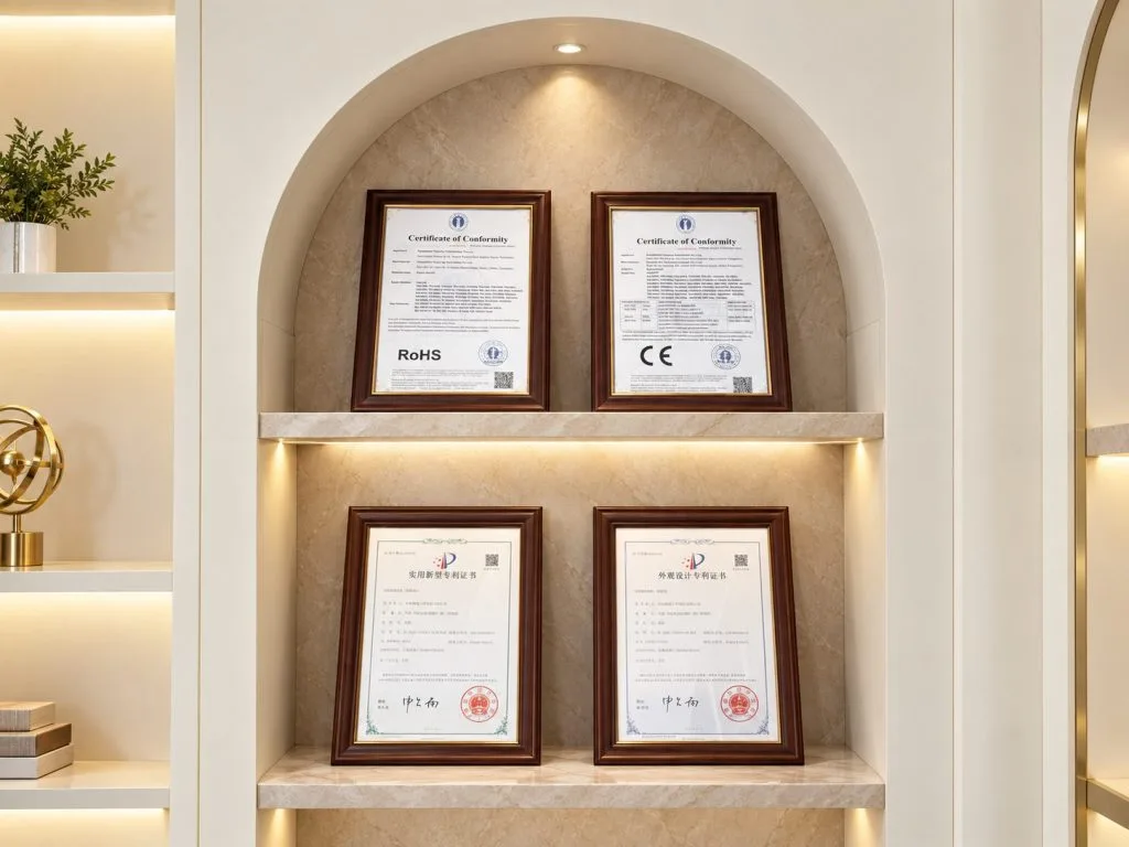 Wider view of four framed documents in a showroom alcove.