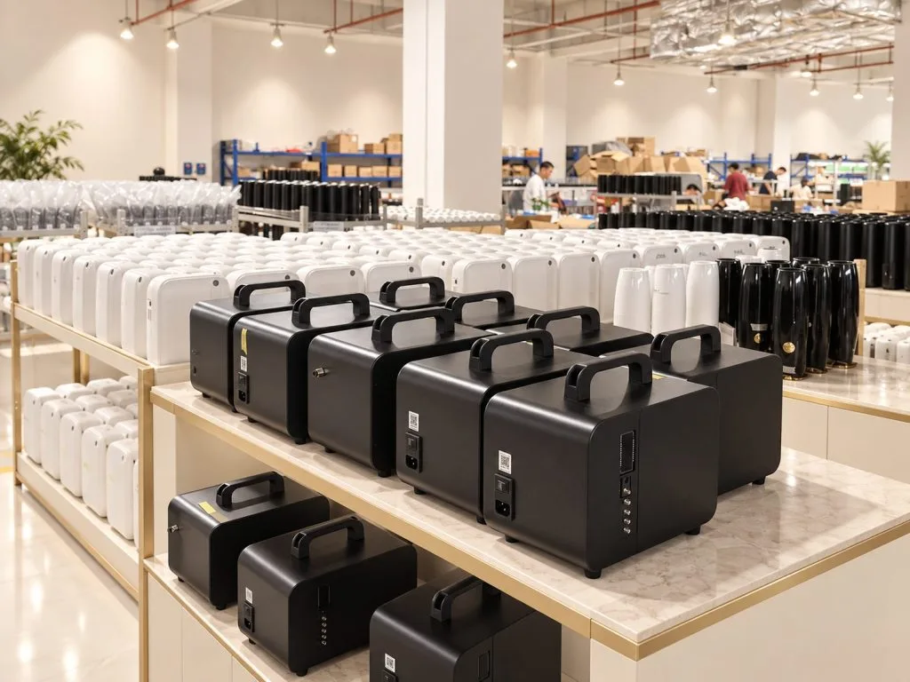 Rows of black and white diffuser units in a workshop.