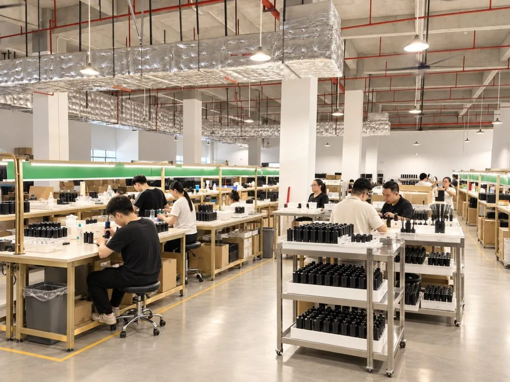 Workers at assembly benches beside trolleys of black components.