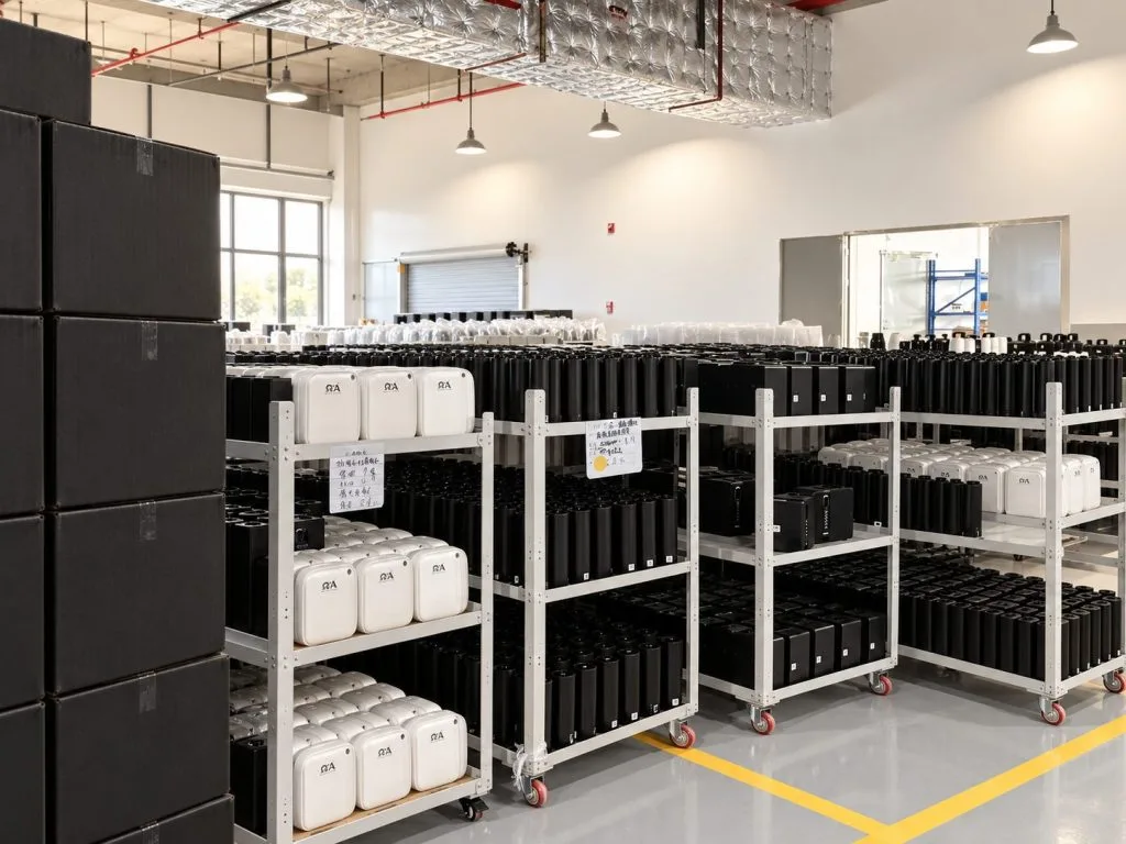 Black and white diffuser units arranged on wheeled storage racks.