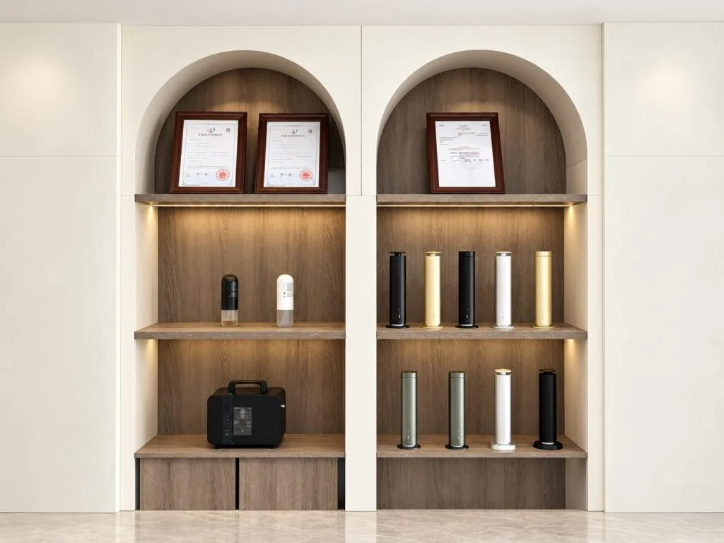 Documents and diffuser models displayed in two wooden alcoves.