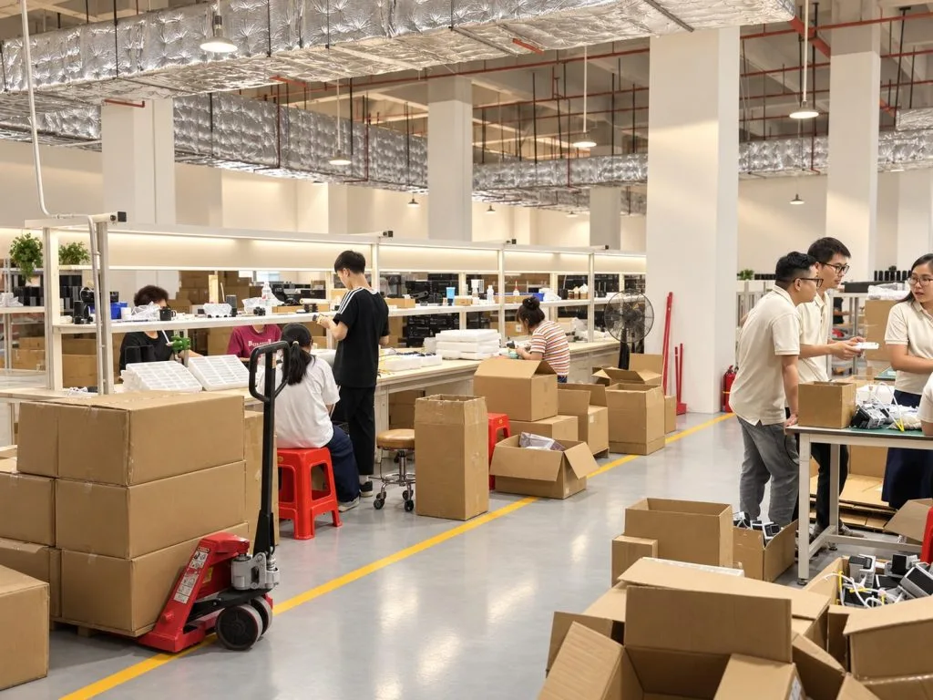 Cartons and packing materials beside workshop benches.