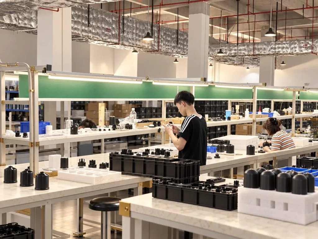 Assembly workbench with components, trays and team members.