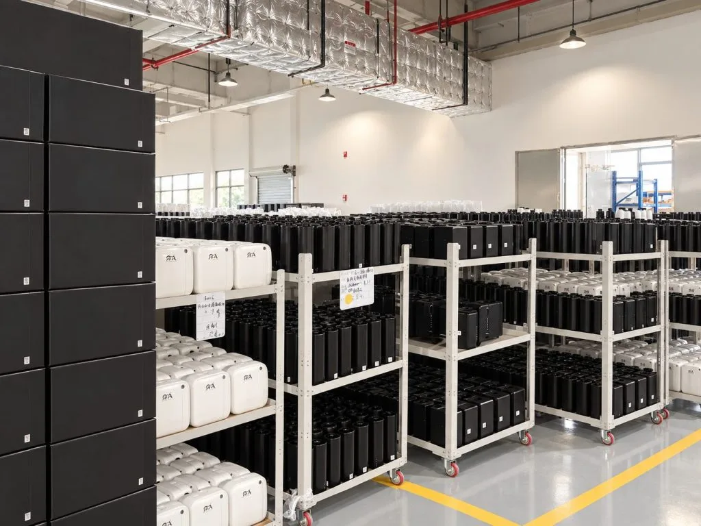 Alternate view of storage racks holding black and white diffuser units.